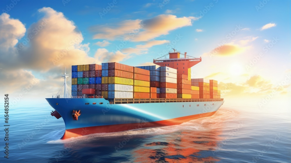 Poster aerial view of a smart cargo ship transporting containers from a depot to the ocean depicting the co