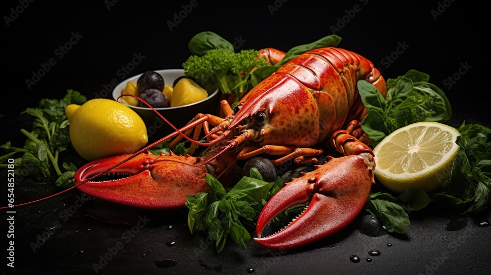Aufkleber boiled shellfish with lemon and basil on black slate side view