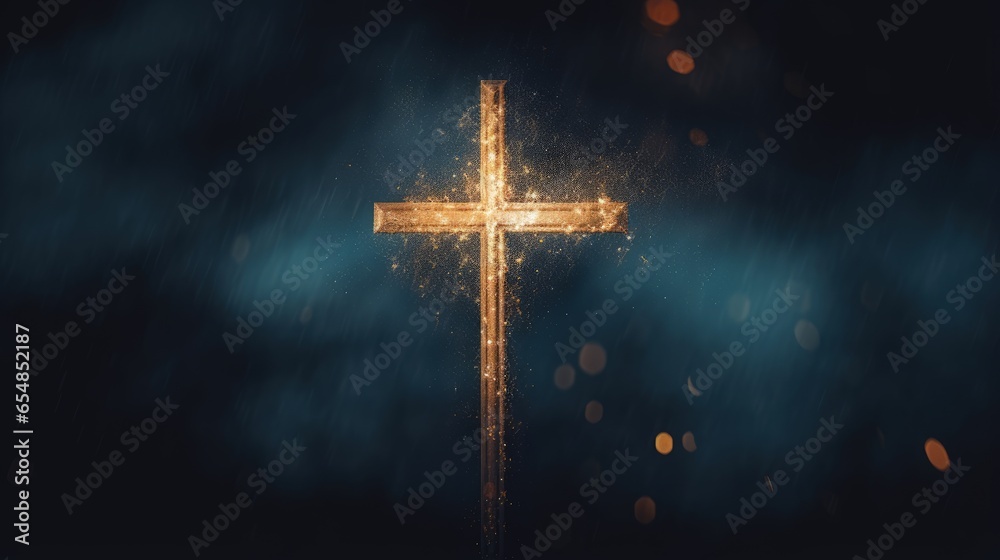 Aufkleber christian cross silhouette with lights and bokeh on black background representing faith symbol and c