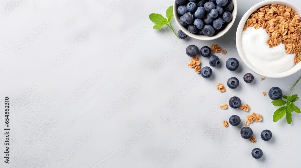 Poster healthy food concept breakfast yogurt bowl with granola blueberries and maple syrup on gray backgrou