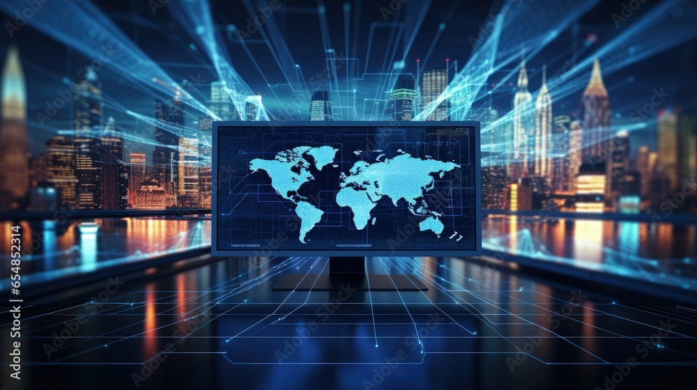Poster Cybersecurity surveillance data analytics worldwide coding GDPR HTML hacking satellite software development global map night computer screen