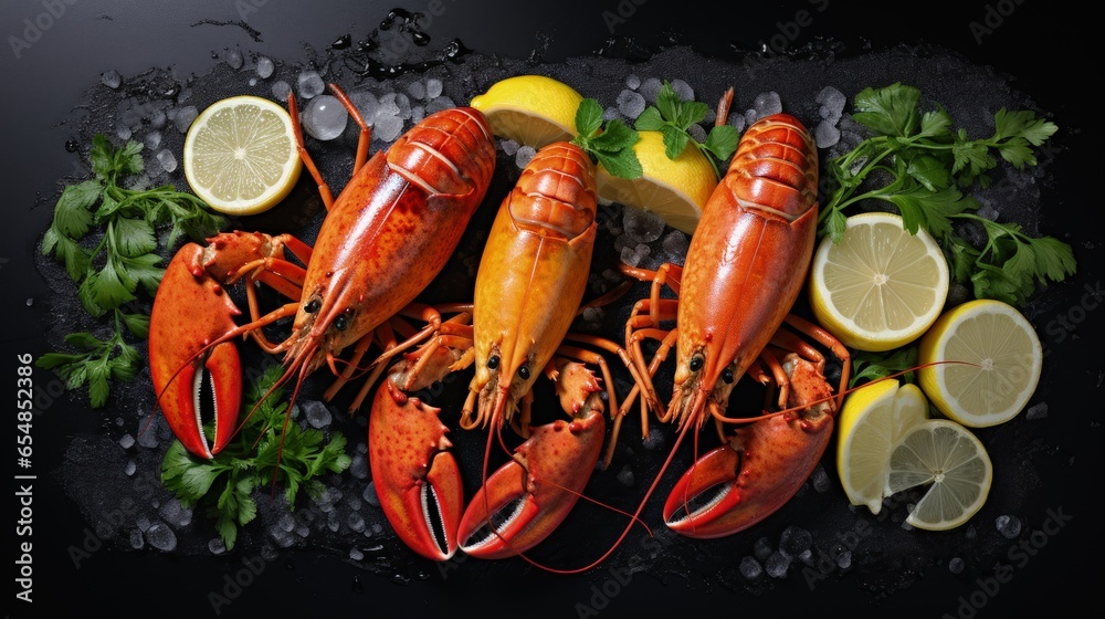 Aufkleber Boiled shellfish with lemon and basil on black slate Side view