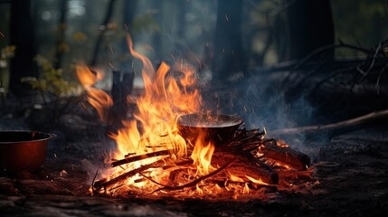 Campfire cooking in the wild using red hot coals to boil water and food while camping