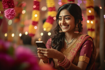 A picture of a happy woman in a traditional indian dress using her phone during the diwali festival, diwali celebration image