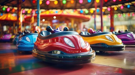 Selective focus on the vibrant bumper cars in the amusement park s fairground autodrom