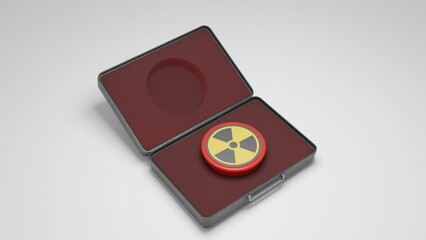 Loop 3d animation. Suitcase, briefcase with a nuclear button on a white background. The briefcase opens, the button lights up and is pressed. The idea of the threat of nuclear war.