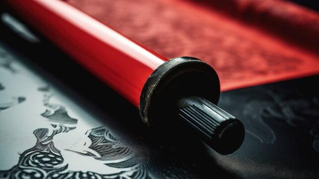 Art studio with red handle roller black relief ink glass and space for copy Process includes linocut woodcut etching and silkscreen