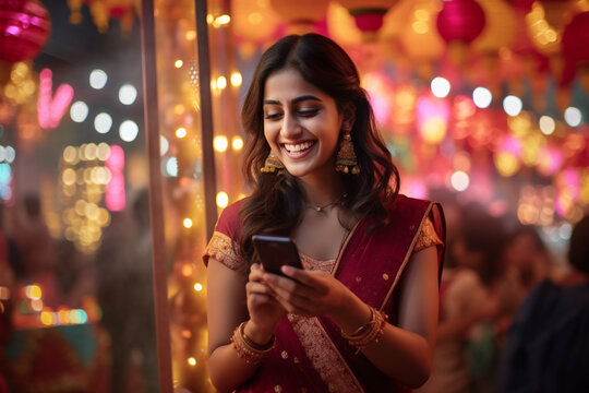 A picture of a happy woman in a traditional indian dress using her phone during the diwali festival, diwali celebration image