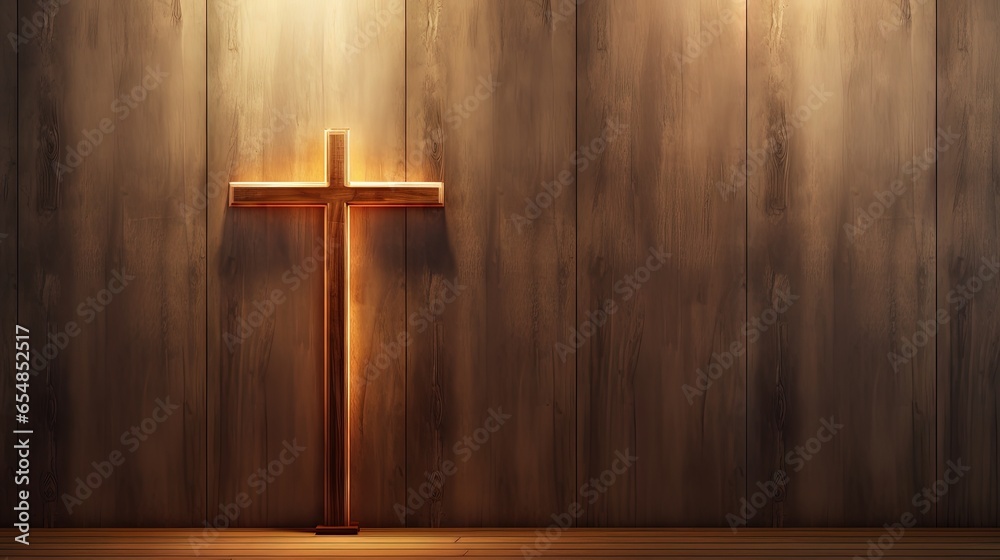 Poster softly lit background with a wooden christian cross space for text