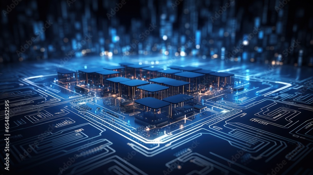 Poster illustration of circuit board on dark blue background with floating cloud and smoke representing fut
