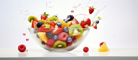 Fresh fruits flying in a bowl Salad with airborne fresh fruits with copyspace for text