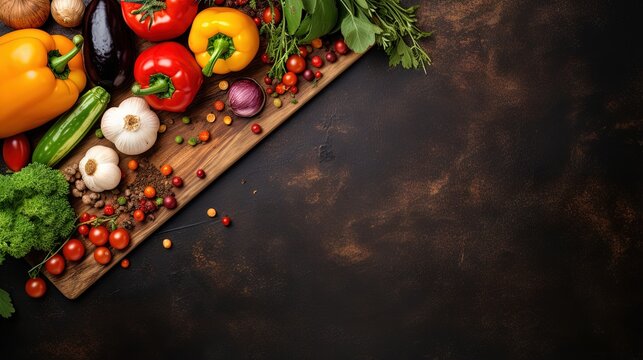 Top view of rustic vintage cutting board surrounded by fresh vegetables and ingredients ideal for vegan and healthy cooking