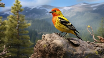 Fototapeta premium Western Tanager on rocky hill in Crater Lake Park