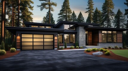 Modern house in Northwest USA with flat roof brown siding and glass garage door - obrazy, fototapety, plakaty