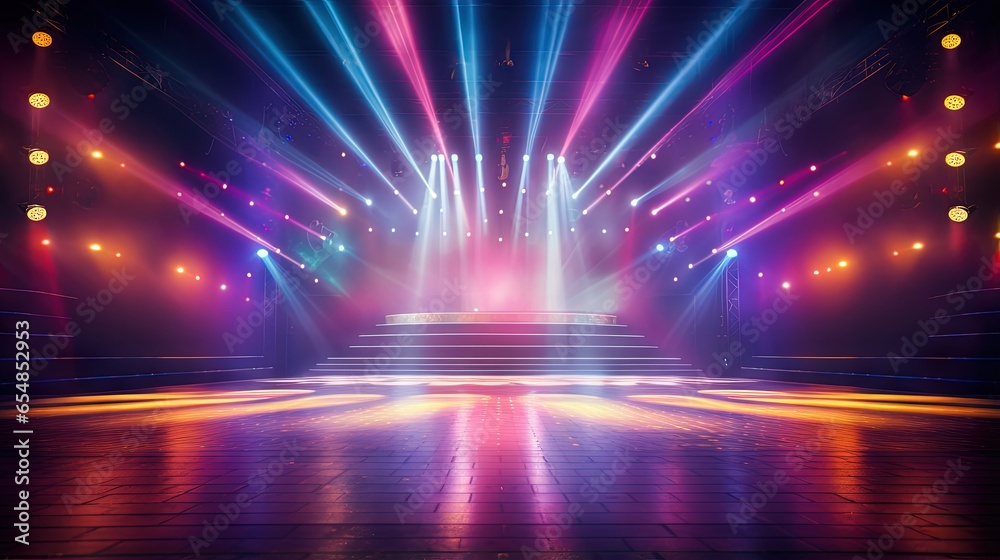 Poster blurred empty theater stage with fun colourful spotlights abstract image of concert lighting illumination background
