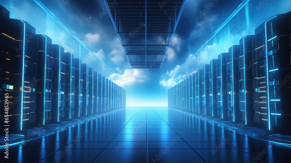 Poster Data center digital warehouse for cloud computing technology with server farm connecting to the internet and exchanging information with glowing lights