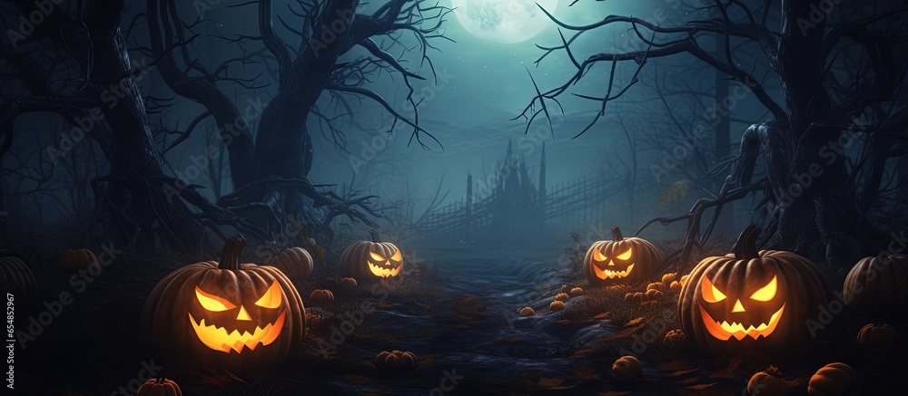 Canvas Prints Halloween themed pumpkins in a dark forest at night spooky ambiance with copyspace for text