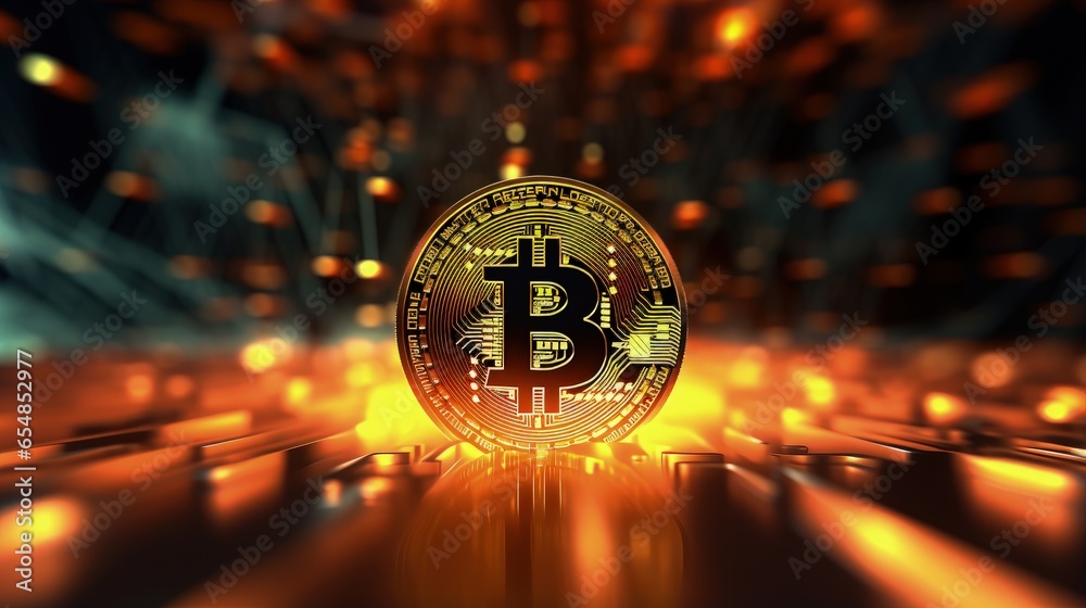 Poster bitcoin backdrop in polygonal glow depicting cryptocurrency and finance 3d render