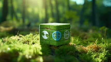 Creating a 3D illustration of a logo for the concept of 17 global goals in sustainable development and climate action based in a moss forest background