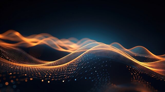 Digital wave concept with abstract sound particles Connection in cybernetic network represented in 3D rendering