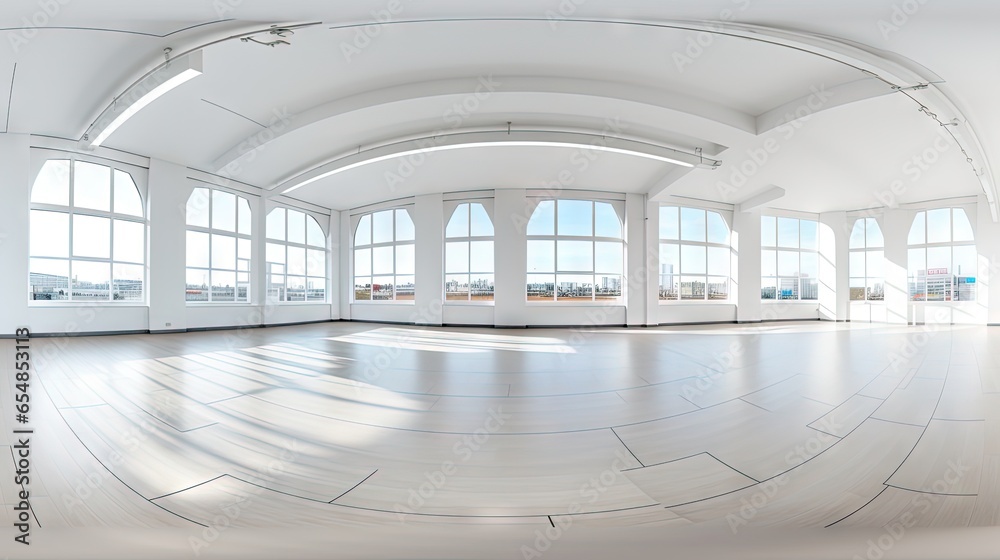 Poster empty white room with panoramic windows and seamless spherical hdri panorama for office or store