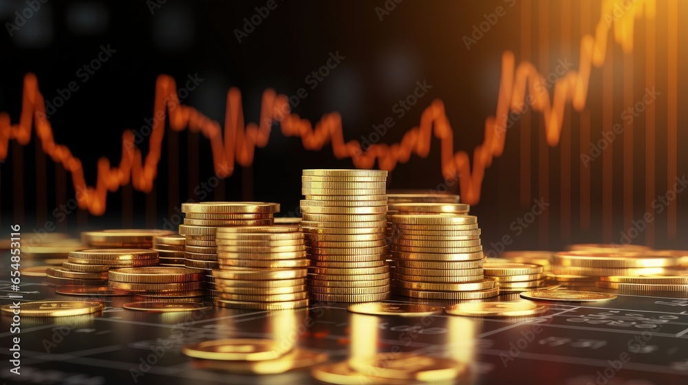 Poster Coin stacks on financial graph background with double exposure image