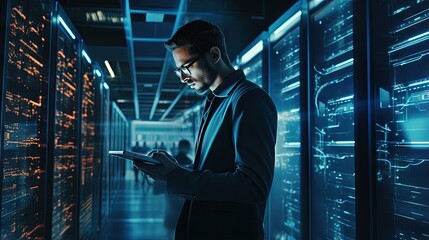 Male IT professional examining work on a laptop checking cyber security on an open server rack in the data center