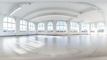 Empty white room with panoramic windows and seamless spherical HDRI panorama for office or store - obrazy, fototapety, plakaty