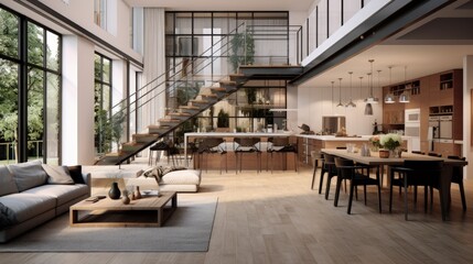 Fototapeta premium Contemporary two story apartment with chic living area connected to kitchen and staircase