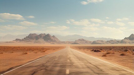 Fototapeta na wymiar Empty road in the desert depicting textures of asphalt sand street mountain hills landscape and dusty skyline on a sunny summer day