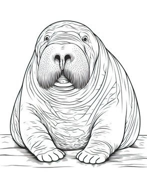 Black and white illustration for coloring animals, walrus.