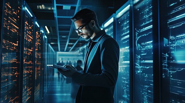 Male IT professional examining work on a laptop checking cyber security on an open server rack in the data center