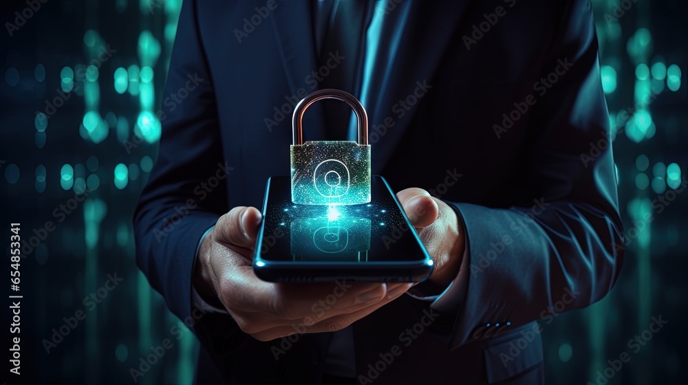 Poster entrepreneur demonstrating data protection with smartphone and padlock for gdpr compliance in intern