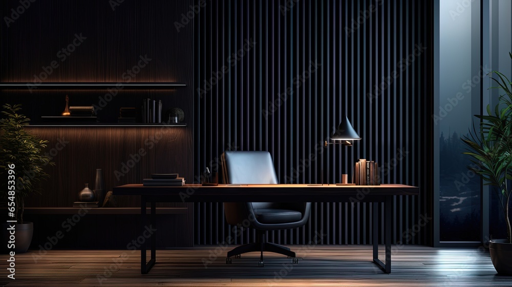 Poster Contemporary home office with product display space low light near window 3D rendering