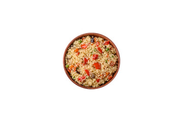 Delicious couscous porridge with cubes of grilled vegetables with salt and spices