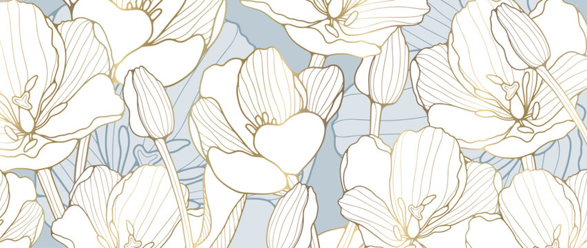 Floral blue background with large golden tulips and buds. Vector luxury background for decor, wallpaper, cards and presentations.