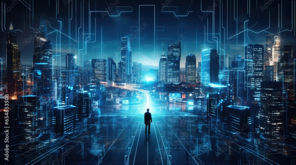 Poster futuristic metaverse city with ai robots digital technology and cybersecurity