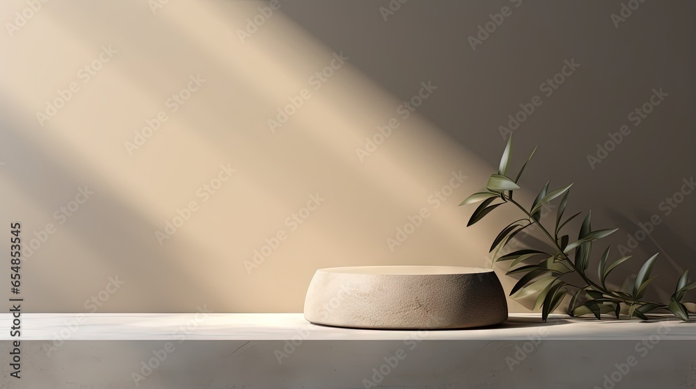 Poster neutral colored surface with curved counter textured podium soft sunlight and shadow rock for cosmet