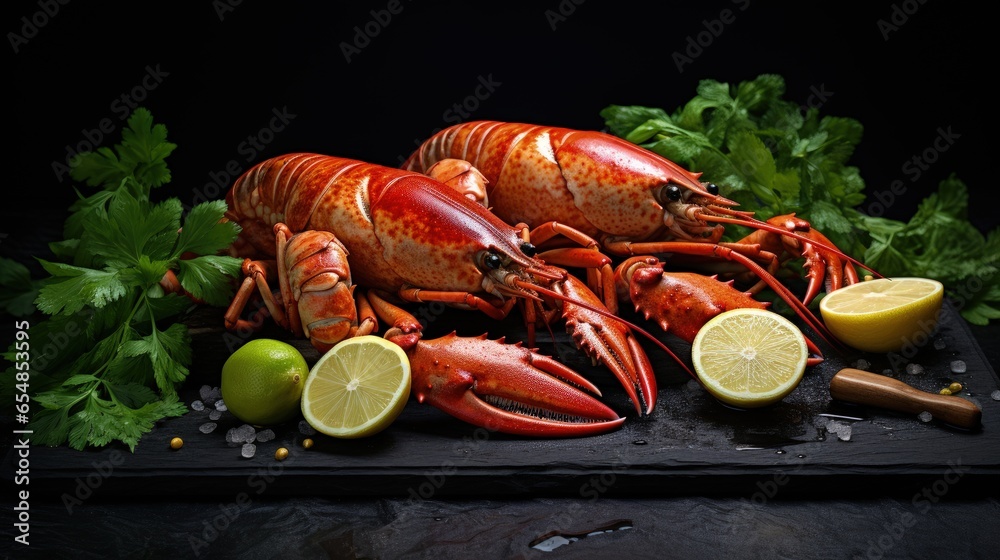 Poster Boiled shellfish with lemon and basil on black slate Side view