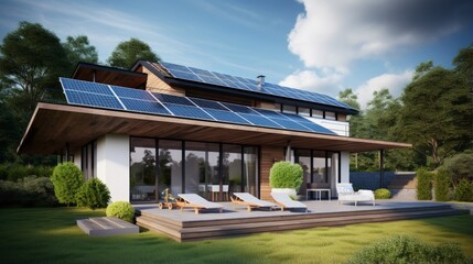 Modern house with 3D rendered rooftop solar panels