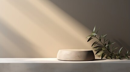 Neutral colored surface with curved counter textured podium soft sunlight and shadow rock for cosmetic background