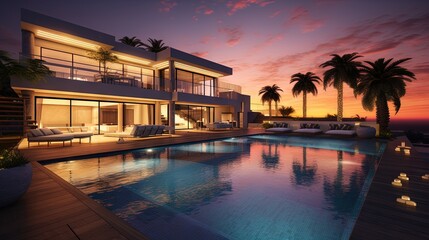Fototapeta na wymiar Luxurious home with pool at sunset