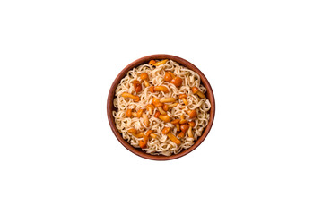 Delicious Asian cuisine dish with rice noodles, peppers, mushrooms and spices