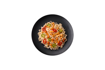 Delicious Asian cuisine dish with rice noodles, peppers, mushrooms and spices