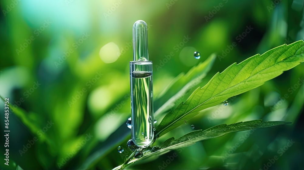Poster using a pipette extract serum or oil onto green leaves with water drops in the backdrop emphasizing 