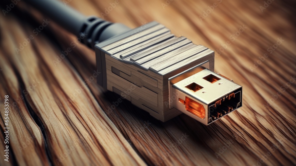 Poster Close up macro view of an RJ45 network cable connector with a wooden background