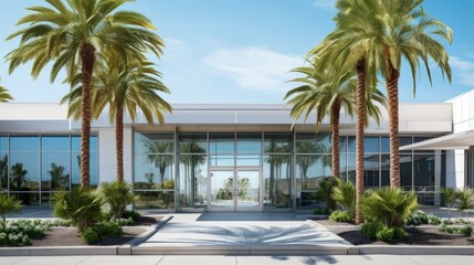 Fototapeta na wymiar Modern hospital entrance with palm trees and blue sky