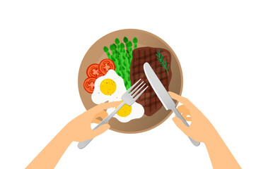 hands holding fork and knife  grilled beef steak fried eggs asparagus  tomatoes branch on plate top view vector illustration