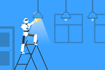 robot electrician working indoor repair lightbulb modern technology vector illustration