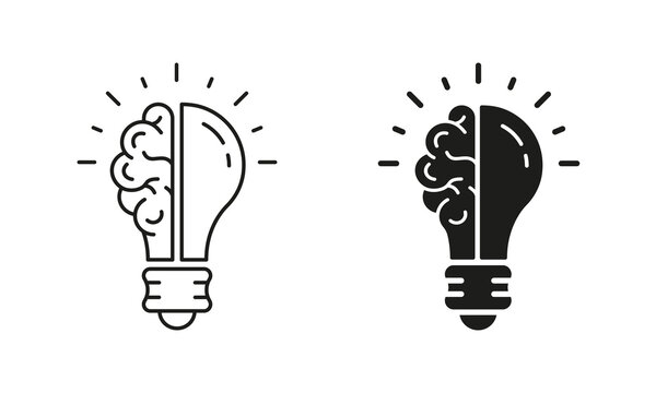 Smart Solution, Inspiration, Knowledge, Light Bulb Line and Silhouette Icon Set. Innovation Symbol on White Background. Human Brain and Lightbulb Idea Pictogram. Isolated Vector Illustration